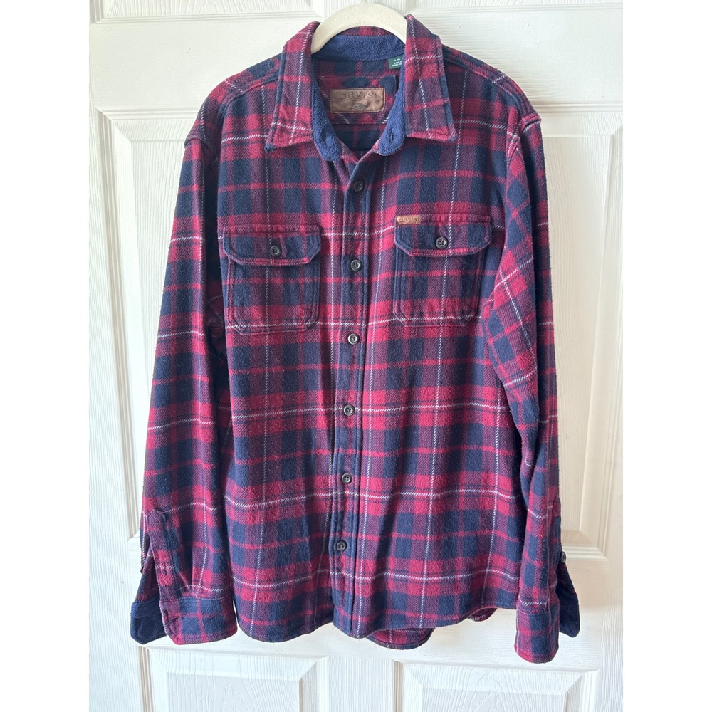 Orvis Flannel Shirt Shacket Mens L Red Plaid Cotton Pockets Outdoor Lumberjack